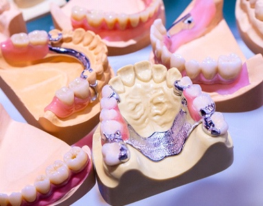Multiple partial dentures fitted to various dental molds